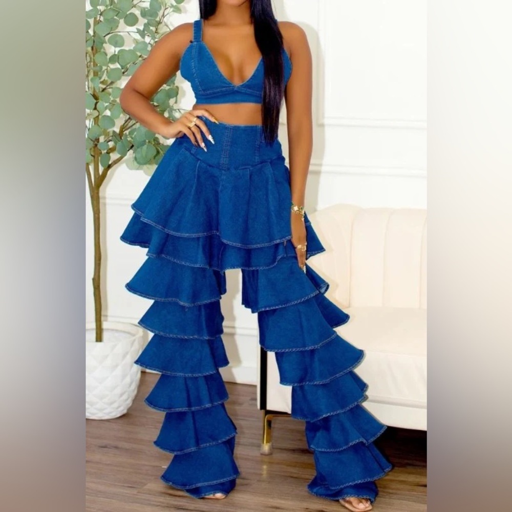 STRETCH DENIM 2pc Ruffled Pant Set